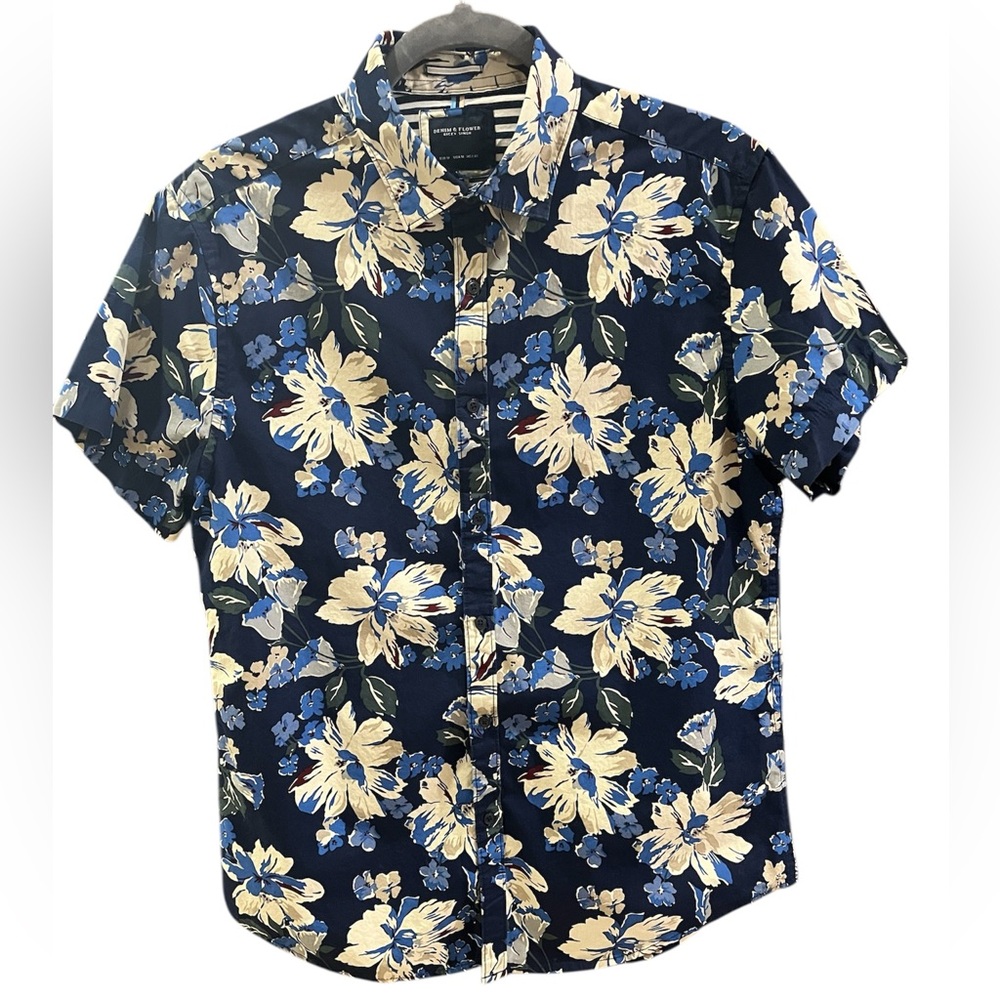 Denim & Flower Ricky Singh Hawaiian Button Men’s Shirt M Floral Blue Tan Green